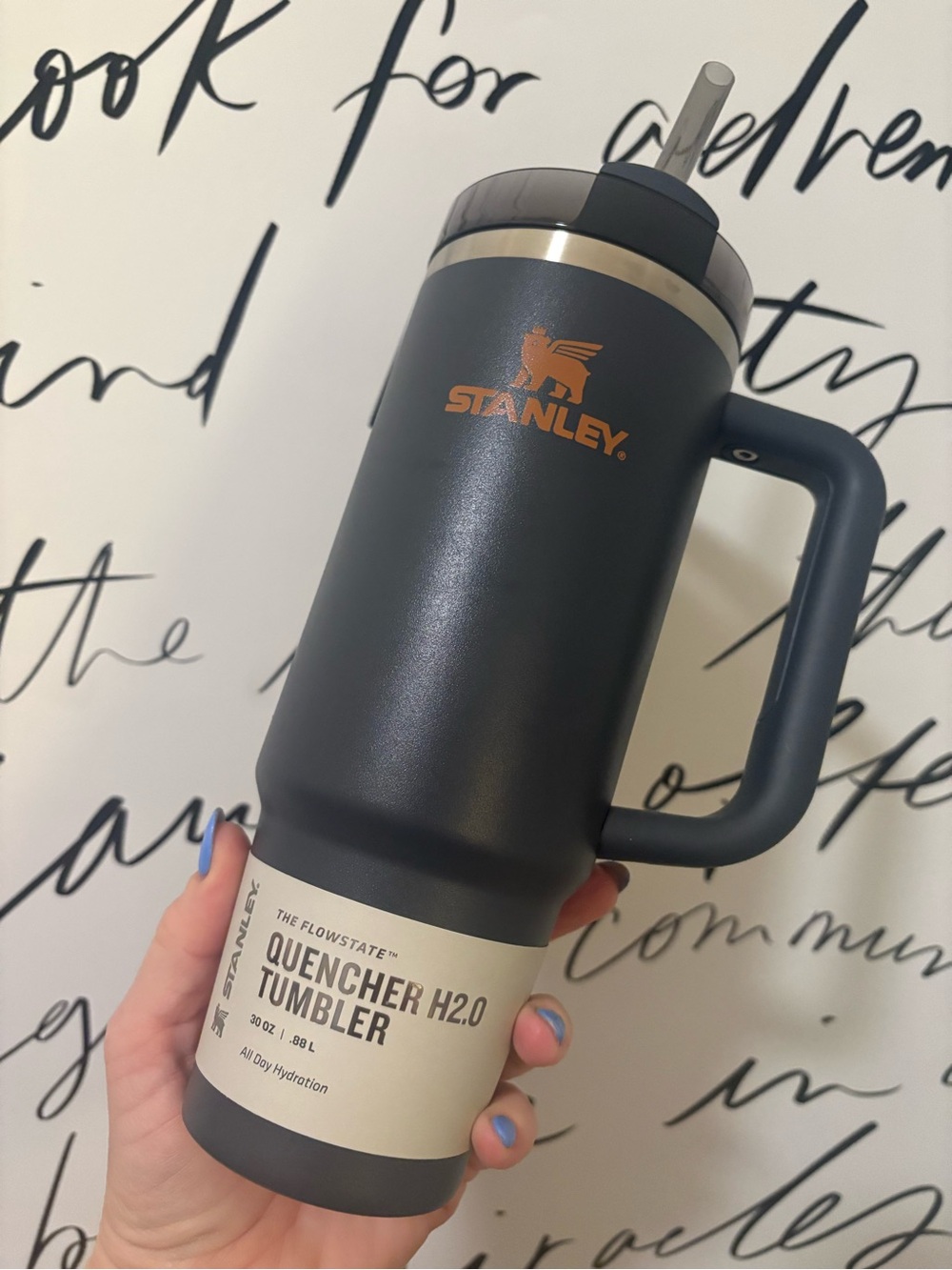 Stanley Matte Navy Tumbler with Orange Logo and Handle